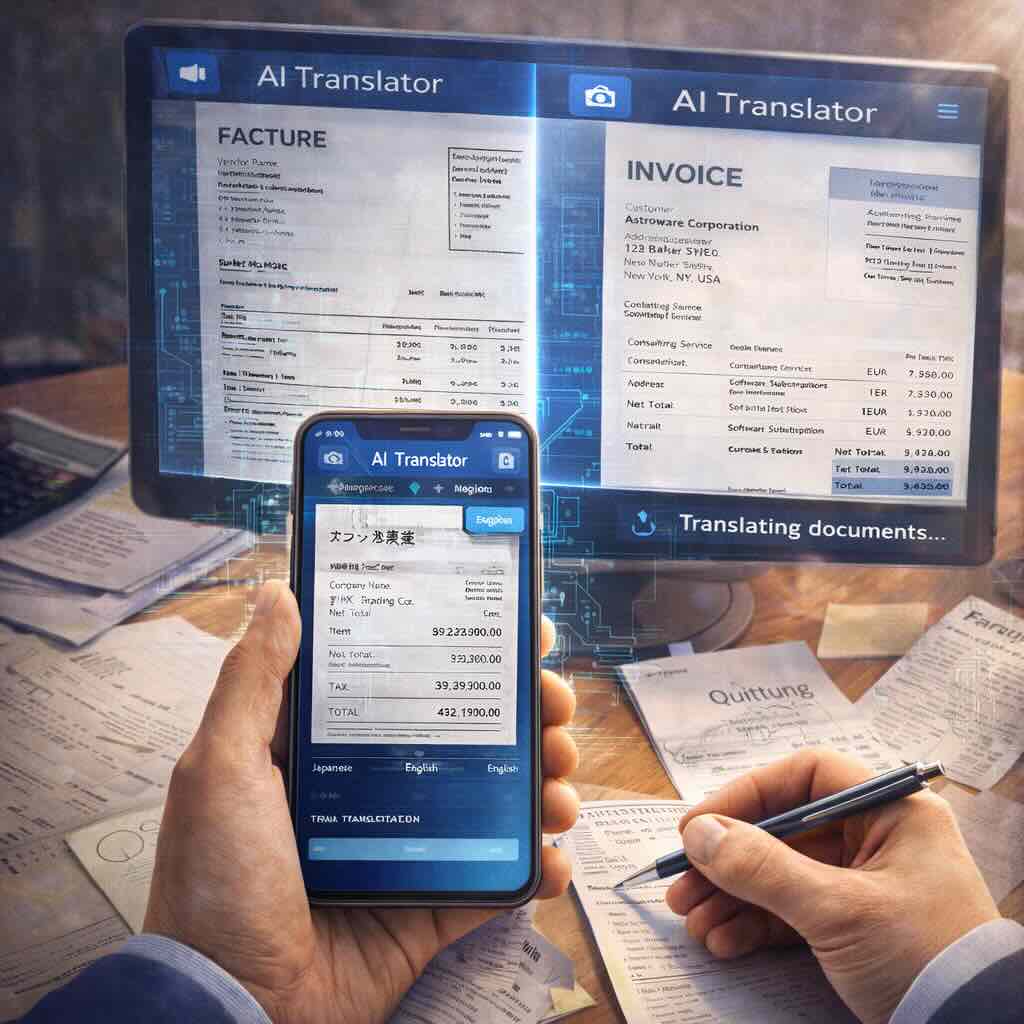 Accountant using AI image translation tool to decode foreign financial documents and receipts for global audit compliance