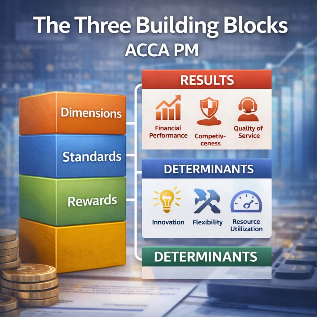 Building block model diagram showing dimensions standards and rewards for ACCA PM Fitzgerald and Moon framework