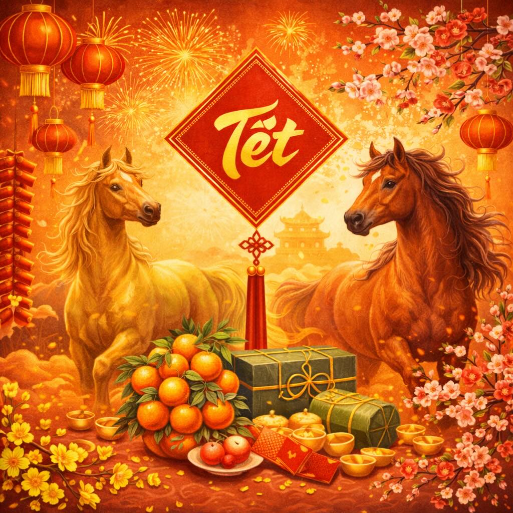 Vietnamese New Year 2026 Tết celebration with Fire Horse decorations and mai blossoms"
