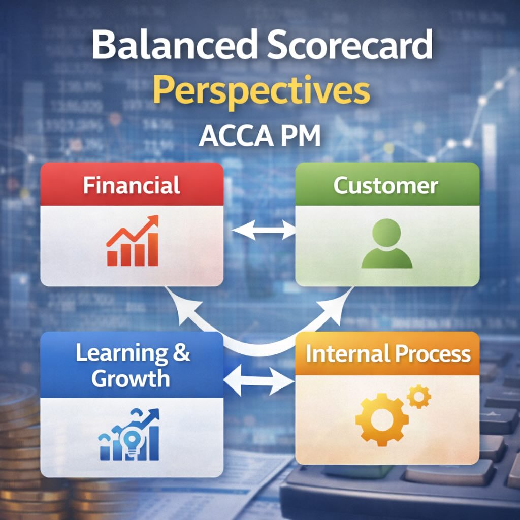 Balanced scorecard four perspectives diagram for ACCA PM showing financial, customer, internal process and learning and growth quadrants