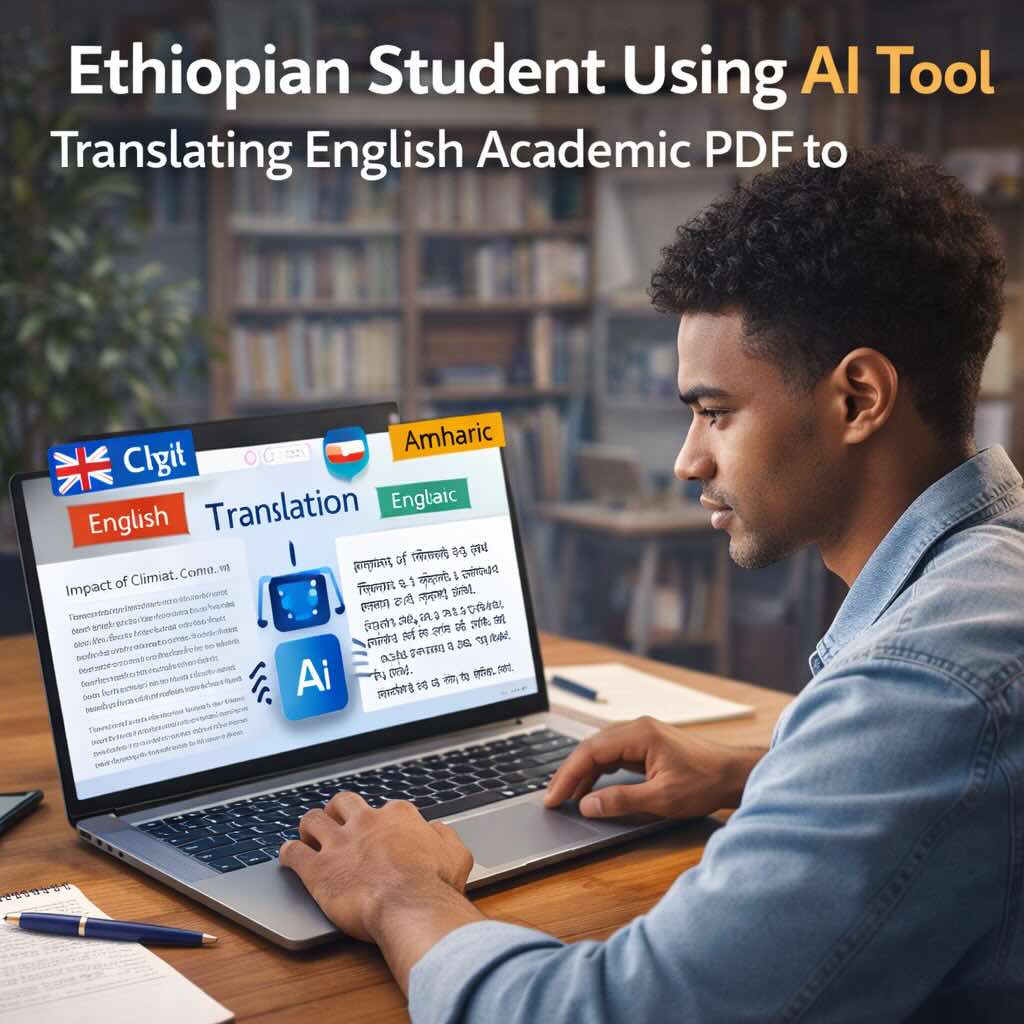 Ethiopian student using AI tool to translate English academic PDF to Amharic on laptop