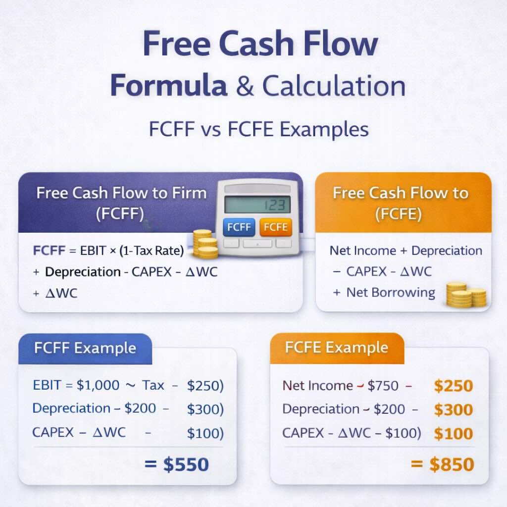 Free cash flow formula calculation FCFF vs FCFE examples