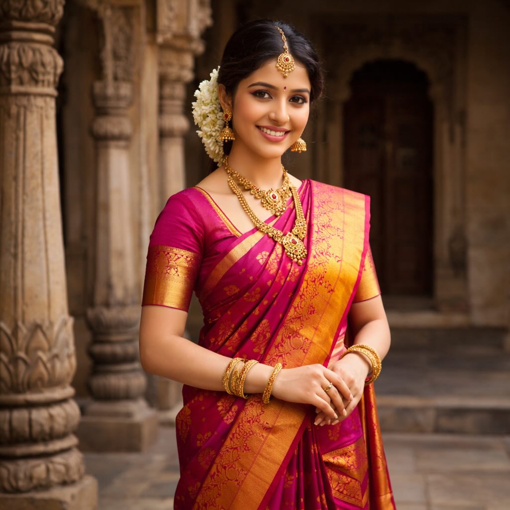 Woman in red Kanjeevaram silk saree with gold zari border for Instagram photo"